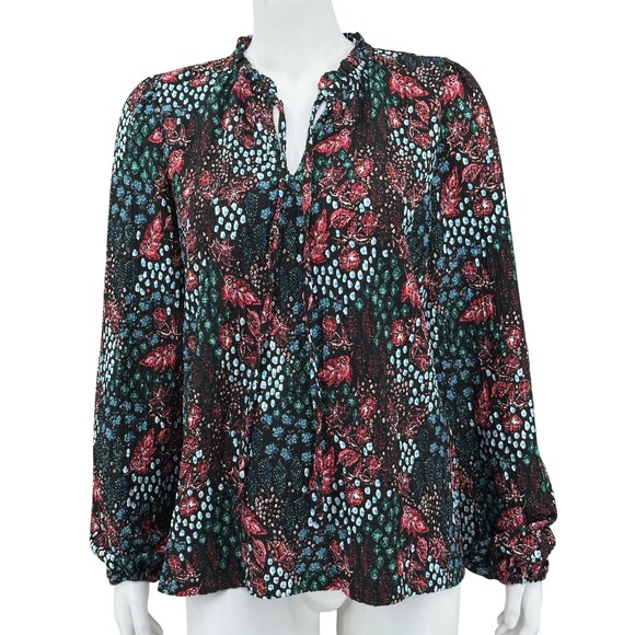 LOFT Tops - Ann Taylor LOFT Top‎ Womens Medium Black Dark Floral Boho Ruffle V-Neck Textured